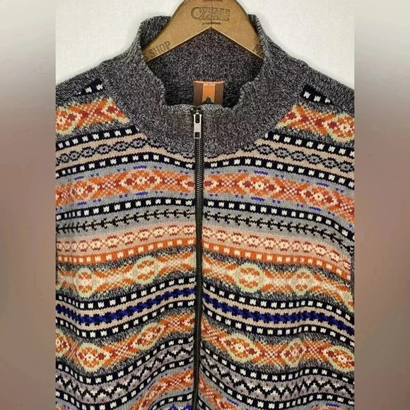 JOGGER 100% Wool Sweater Full Zip Mens Large Pockets Geometric Knit Collared - Picture 5 of 13